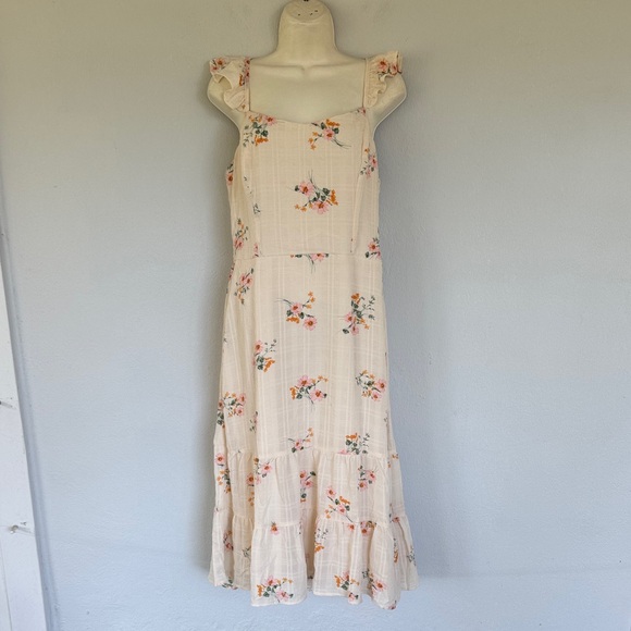Lily Rose ivory pink floral ruffle cap spaghetti strap sweetheart midi dress XL - Picture 2 of 15